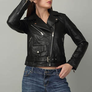 Women's Genuine <b>Leather</b> <b>Biker</b> <b>Jacket</b> Coated Letter Pattern Premium Slim Fit Breathable Windproof Customizable Wholesale - Product Image 1