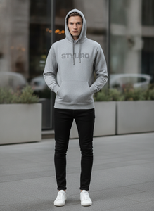 Sweat-shirt à capuche gris pour homme Stylro, fermeture éclair, logo en relief, coupe ample, décontracté, en molleton français 100% coton, vêtements d'hiver - Product Image 4