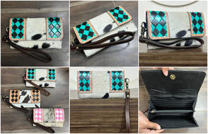 Luxury Women's Custom Hand Tooled Checkered Leather Long Purse Clutch Wallet Real Cowhide Leather Phone & Money Wristlet Wallets - Product Image 3