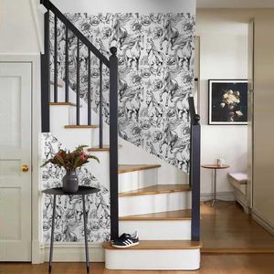 Papel Tapiz Moderno con Diseño Floral de Peonías y Caballos, Blanco y Negro, Autoadhesivo, Fácil de Aplicar - Product Image 3