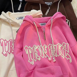 เสื้อฮู้ดดี้โอเวอร์ไซส์ยูนิเซ็กซ์ Foksy สีครีมชมพู พิมพ์ลายตัวอักษร สไตล์ลำลองสำหรับฤดูใบไม้ร่วง เสื้อผ้าสตรีทแวร์ ผ้าถักเฟรนช์เทอร์รี่ ทรงปกติ - Product Image 4