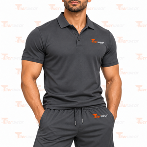 <b>Men</b> <b>Red</b> Cotton Polo <b>Shirt</b> Shorts Set Breathable Summer Casual Wear Solid Color Front Logo Knitted Fabric Seamless - Product Image 3
