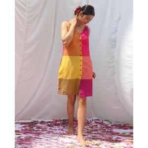 Vestido Mini de Mujer con Bloques de Color y Mangas Abullonadas, Casual, de Algodón Tejido, Cuello en V, Ajuste Holgado, Estilo Shift para Verano - Product Image 2
