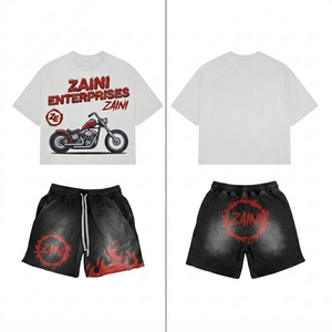 Ensemble t-shirt et short femme en jersey simple de coton premium 220 GSM, blanc, noir, rouge, impression DTG personnalisée, logo par transfert thermique - Product Image 1