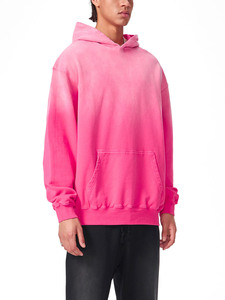 <b>Men</b> Regular Fit Hooded Sweatshirt Striped <b>Pink</b> Cotton Fleece Embroidered Casual Pullover with Pocket Autumn Wear - Product Image 3
