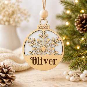 Wooden Circular <b>Snowflake</b> Ornament 2024 Personalized Grace Laser Cut Christmas <b>Decor</b> - Product Image 3
