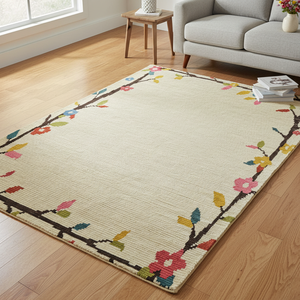 Alfombra de Lana Tejida a Mano, Color Crema, con Borde Floral, Tejido Plano, Pelo Corto, Decoración Moderna para Sala de Estar - Product Image 6