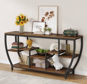 Mesa Consola Moderna de Madera con Estructura Metálica y Estantes de Almacenamiento, Diseño Industrial, Mueble para Sala de Estar, Decoración para Entrada - Product Image 1