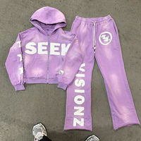Ensemble de survêtement personnalisé pour homme en molleton bouclette, éco-responsable, tie-dye lavande, avec sweat à capuche zippé et pantalon de survêtement en coton peigné, logo lettré