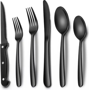 Juego de cubiertos de acero inoxidable negro mate, cuchillo, tenedor y cuchara, cubertería duradera y moderna, perfecta para restaurantes. - Product Image 1