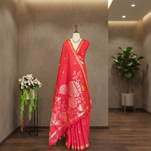 <b>Red</b> Silk <b>Saree</b> With Floral Design Traditional Wear For Women Wedding And Party Occasion India Pakistan Style - Product Image 5