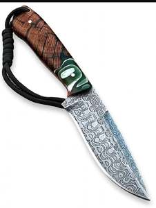 Custom Handmade Fixed Blade Damascus Steel Camping <b>Knife</b> with <b>Carved</b> Wood Green Resin Handle DIY OEM - Product Image 4