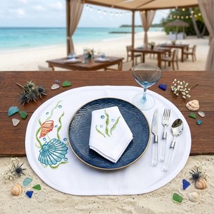 Artisan Embroidered Ocean Shell Cotton <b>Placemat</b> Napkins Set Elegant Coastal Table Setting for Summer Wedding & Beach Dinner - Product Image 3