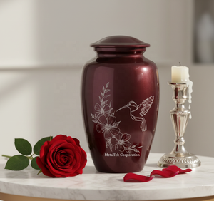 Urnes funéraires artisanales en aluminium bordeaux, gravure élégante d'oiseau colibri, urnes commémoratives durables, pots funéraires décoratifs en métal. - Product Image 1