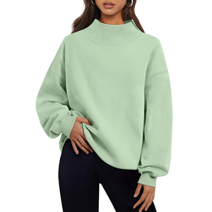 <b>Women's</b> Mint <b>Green</b> Oversized Mock Neck Sweatshirt Striped Long Sleeve Pullover Custom Logo <b>Fleece</b> Knit Top for Autumn - Product Image 1