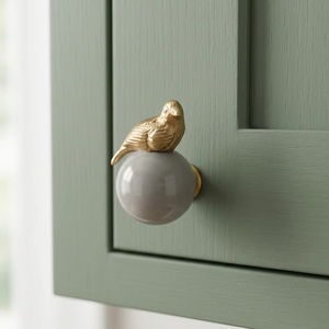 <b>Ceramic</b> Bird Perched Cabinet <b>Knob</b> Grey with Gold Accent Modern for Kitchen Living Room & Bathroom Drawer Handle Eco-Friendly - Product Image 1