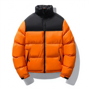 Men's Winter <b>Puffer</b> Jacket Orange <b>Black</b> Color Blocking Stand Collar Zipper Closure Thick Down Filled Casual Style Short Length - Product Image 1