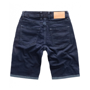 <b>mens</b> dark navy blue stonewashed denim shorts button fly cuffed folded hem contrast amber stitching five pocket design apparel - Product Image 2