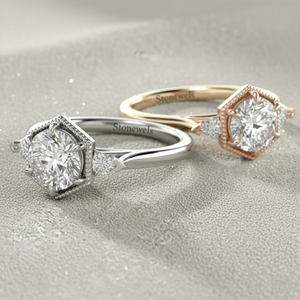 Anillo de Compromiso con Diamante Cultivado en Laboratorio Stonewels, con Halo Hexagonal y Piedras Laterales Trilliant, Engastado en Oro Certificado para Novia - Product Image 5