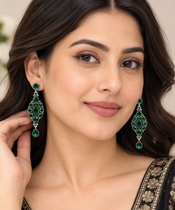 Boucles d'oreilles pendantes plaquées argent antique, pierre précieuse verte taille émeraude, bijoux bohèmes pour femmes, fournisseur en gros certifié fabricant - Product Image 5