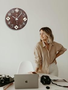 Round Wooden Wall Clock Retro <b>Square</b> Number Dial Silent Quartz Hanging Clock for Living Room Home Decor - Product Image 1