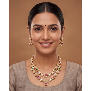 Indian Ethnic Pooja Heritage Gold Plated Zircon Bridal Necklace & Earring Set - Product Image 1