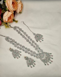 Elegant Rhodium Plated Cubic Zirconia <b>Jewellery</b> <b>Set</b> Multi Layer Long Necklace Matching Earrings Mangtika Partywear <b>Set</b> Wholesale - Product Image 1
