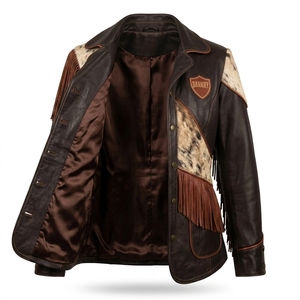 Asymmetric Diagonal Panel <b>Womens</b> Western <b>Leather</b> <b>Jacket</b> Lapel Collar Cowhide Hair On Hide <b>Brown</b> Fringe Country Outerwear - Product Image 5