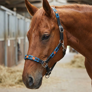 Selle anglaise en cuir noir avec incrustations géométriques bleues et orange, couronne rembourrée, quincaillerie argentée réglable, élégante pour l'équitation - Product Image 1