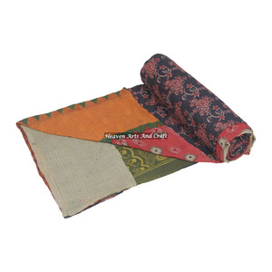 Indian Cotton Hand Block Patchwork Floral Printed Bedspread Quilt Indian Reversible Hand Stitched Heavy Throw Old Sari Blanket - Product Image 1