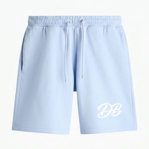 Shorts de sport décontractés pour hommes en bleu clair avec logo brodé personnalisé |   Shorts de sport à taille élastique sur fond blanc uni - Product Image 1