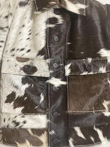 Cowhide Leather Moto Biker Jacket With Cow Pattern Faux Fur Panel <b>Turn</b>-down Collar Zipper Closure Winter Outerwear - Product Image 4