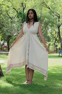 New Elegant Hand-Loomed Khadi Cotton Halter Neck Dress with Geometric Block-Printed Border Flattering Adjustable Dress For Women - Product Image 6