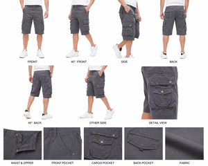 Shorts cargo pour hommes 100% coton, décontractés, pour l'été, la randonnée, taille élastique, décoration numérique vintage, couleur unie, longueur genou - Product Image 4