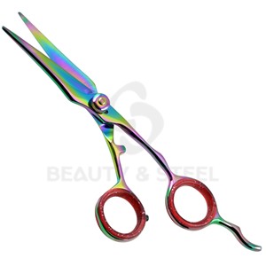 Ciseaux de coiffure professionnels multicolores arc-en-ciel à bord convexe tranchant avec poignée sculptée unique - Product Image 2