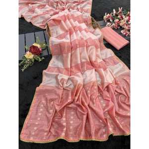 SAREE DE TRAVAIL EN DENTETURE À LA MAIN EN SOIE DOUCE ATTRACTIVE AVEC BLOUSE INCOSÉE PÊCHE - Product Image 1