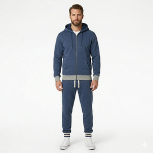 Blue French Terry Tracksuit Zip Up Hoodie <b>Jogger</b> Sweatpants Set Lightweight Unisex Streetwear Lounge Wear - Product Image 1