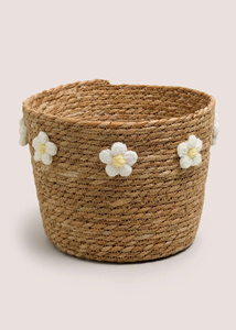 Panier de rangement rond tressé avec décor floral blanc, fait main, style bohème, organisateur pour salon, artisanat en fibres naturelles - Product Image 6