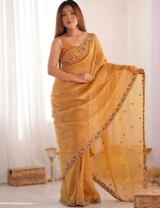 KV Women's Embroidered Embellished Reversible Viscose Silk Autumn Bollywood Tissue <b>Saree</b> with Unstitched Blouse (<b>Yellow</b>) - Product Image 2