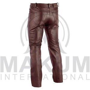 Pantalon en cuir marron pour homme, sur mesure, taille haute, coupe droite, fermeture boutonnée, style motard - Product Image 3