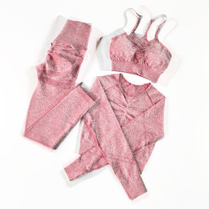 Gray 3 Piece Yoga Set High Waist Leggings Racerback Sports Bra Seamless Full Length <b>Crop</b> <b>Top</b> Activewear - Product Image 4