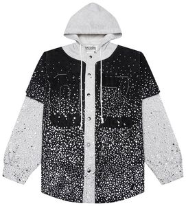 Unisex Hip Hop <b>Hooded</b> <b>Shirt</b> 100% Cotton Winter Black White Gradient Print Button up Long Sleeve Streetwear Top - Product Image 1