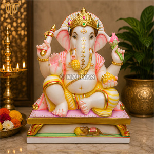 Pure Marble Ganesh <b>Statue</b> on Decorative Pedestal -15" Inch| Handcrafted Lord Ganesha Idol with <b>Gold</b> Crown | Premium Marble - Product Image 1