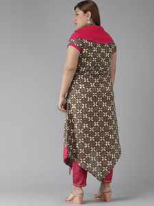 Women's Plus Size Brown Cotton Geometrical Printed A-line <b>Kurti</b> Featuring Cowl Neck And Comfortable Short Sleeves - Product Image 3