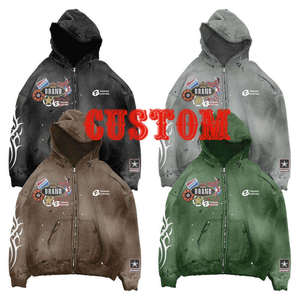 Sudadera con capucha de algodón de gran tamaño con doble cremallera, bordado personalizado desgastado, gráfico, estilo urbano, vintage, lavado ácido, tallas grandes - Product Image 5