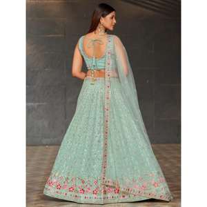 Precioso Sky-Blue Lentejuelas Georgette Recepción Wear Lehenga Choli - Product Image 4