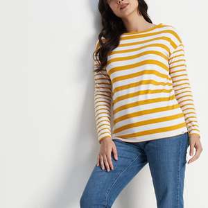 T-shirt en tricot à manches longues jaune et blanc uni pour femme, col rond, haut décontracté, coupe ajustée, manches longues, coton respirant, écologique - Product Image 4