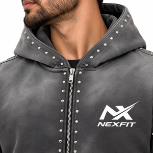 Men's Charcoal Gray Studded Zip Up Hoodie Tracksuit Set Washed Streetwear Jacket & <b>Wide</b> <b>Leg</b> <b>Jogger</b> Pants - Product Image 3