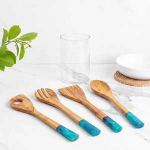 Ustensile de cuisine écologique en bois d'olivier de qualité supérieure avec manche en résine bleue, cuillère de cuisine faite à la main, outils de service, lavage à la main uniquement - Product Image 2