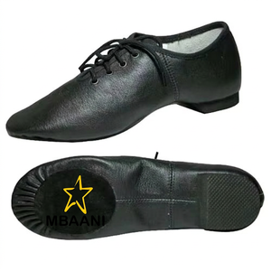 MBAANI Chaussures de danse jazz et de ballet souples pour femmes, en cuir véritable, semelle en caoutchouc, plates, à lacets, noires - Product Image 5